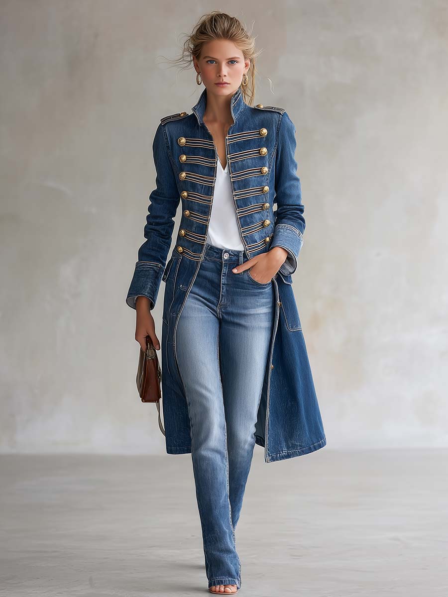 Garance | Manteau long en jean cintré style militaire à boutons dorés
