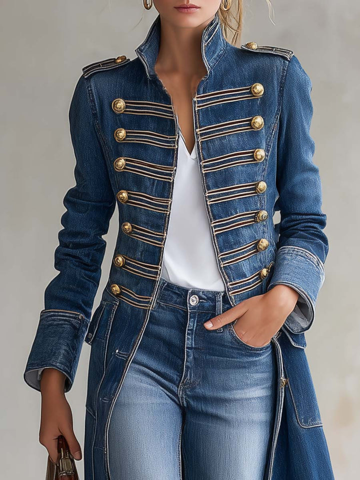 Garance | Manteau long en jean cintré style militaire à boutons dorés