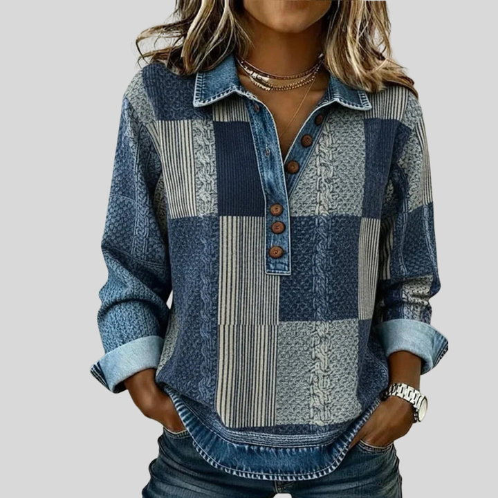 Philippine | Pull patchwork effet denim
