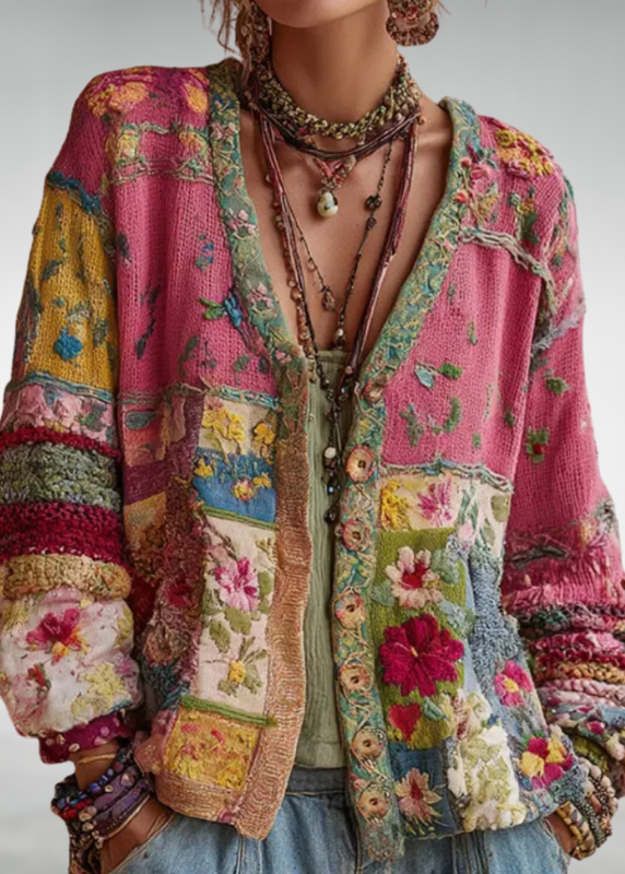 Opal | Cardigan patchwork en maille florale bohème