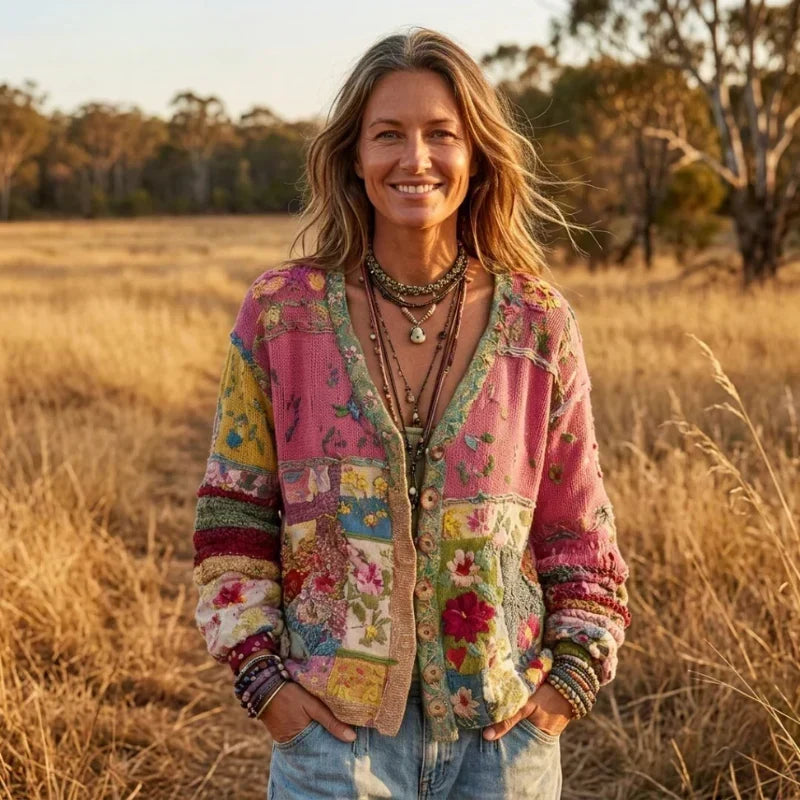 Opal | Cardigan patchwork en maille florale bohème