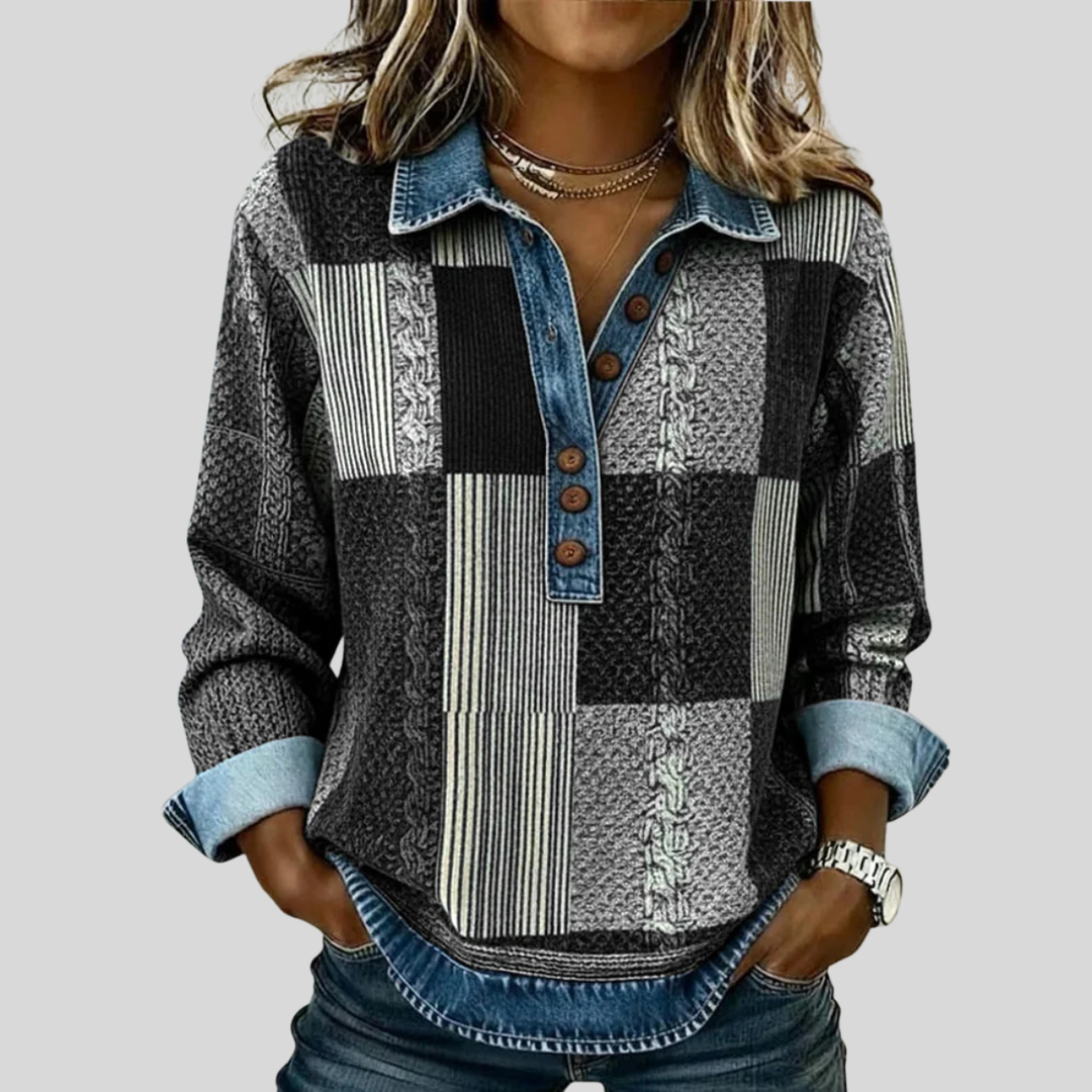 Philippine | Pull patchwork effet denim