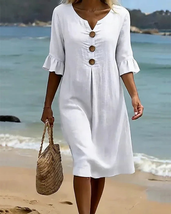 Marianne | Robe boutonnée en aspect lin à manches bouffantes