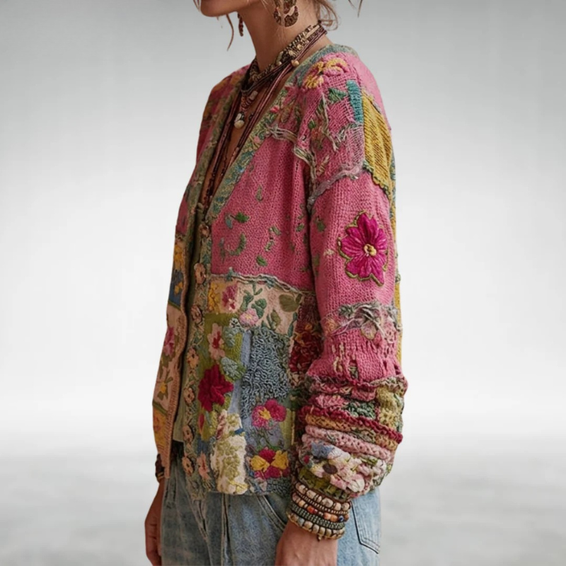 Opal | Cardigan patchwork en maille florale bohème