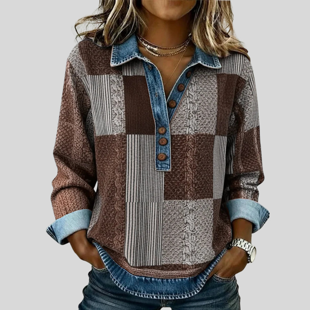 Philippine | Pull patchwork effet denim
