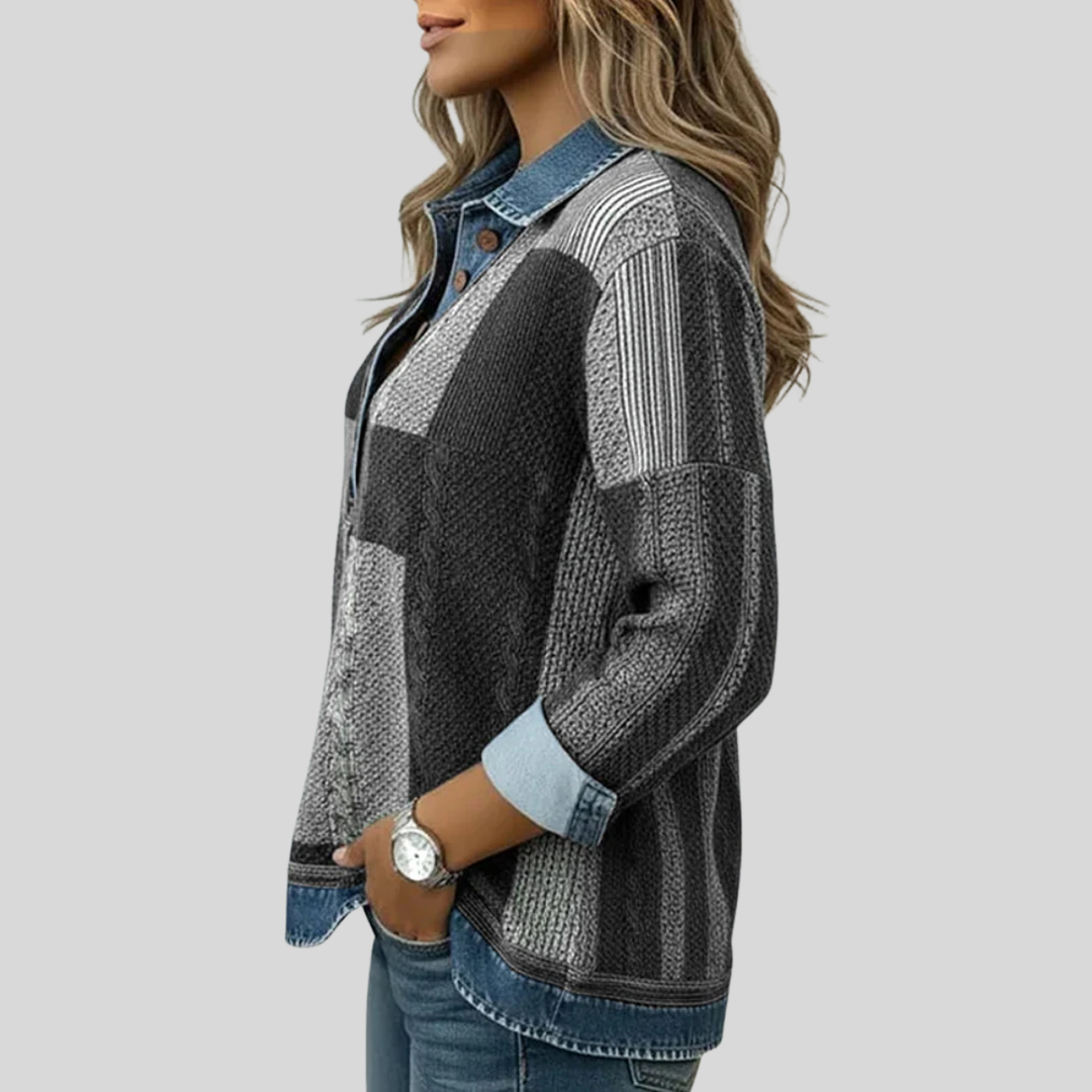 Philippine | Pull patchwork effet denim