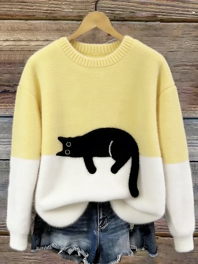 Hortense | Pull Oversize Élégant Imprimé Chat