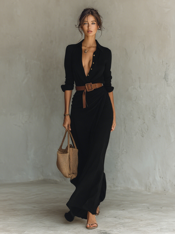 Micheline | Robe Maxi Ceinturée à Manches Longues