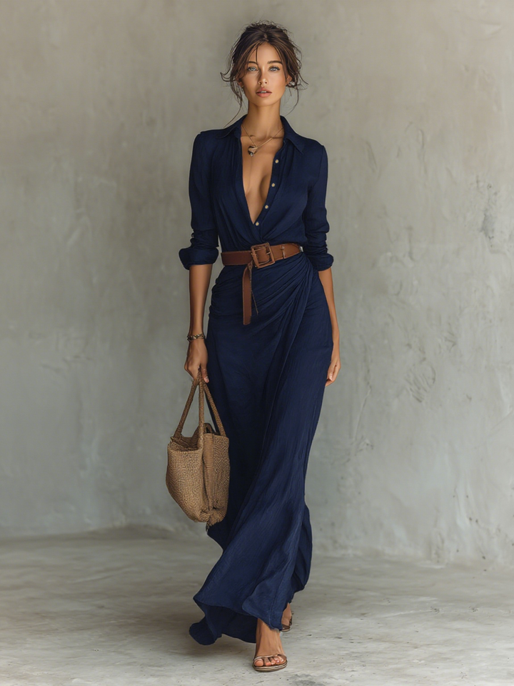 Micheline | Robe Maxi Ceinturée à Manches Longues