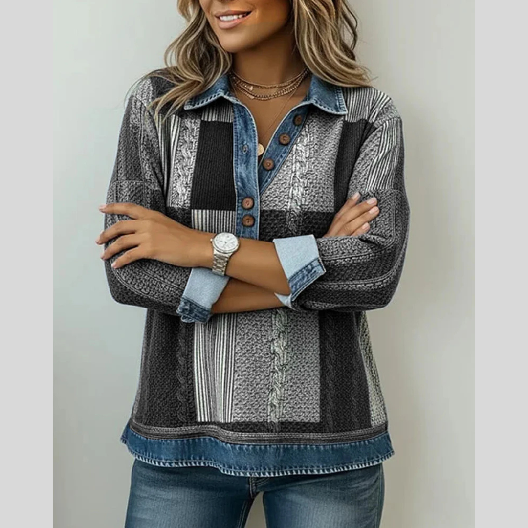 Philippine | Pull patchwork effet denim