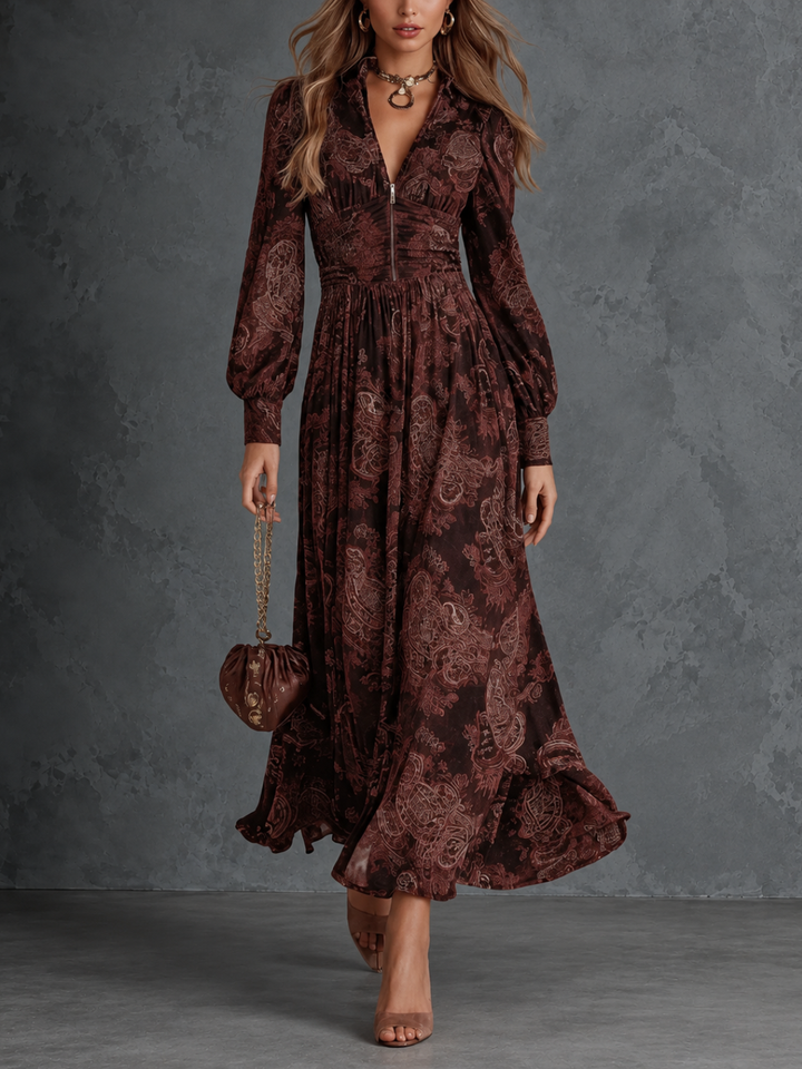 Nadège | Robe longue à imprimé cachemire et col en V
