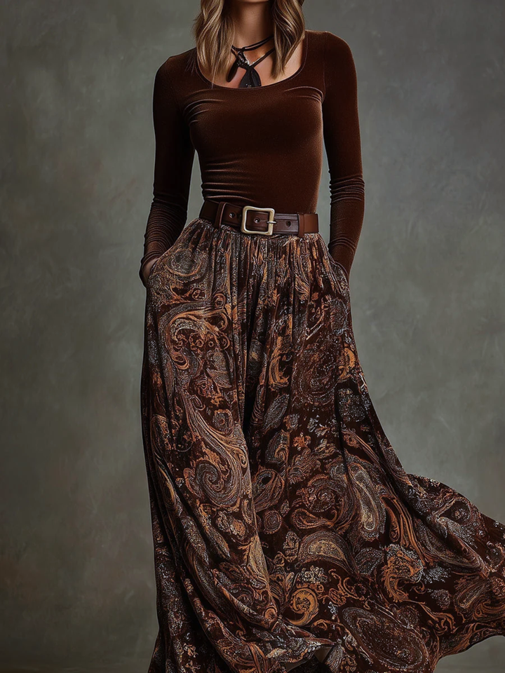 Josiane | Ensemble vintage avec haut en velours extensible et jupe longue à imprimé cachemire avec ceinture