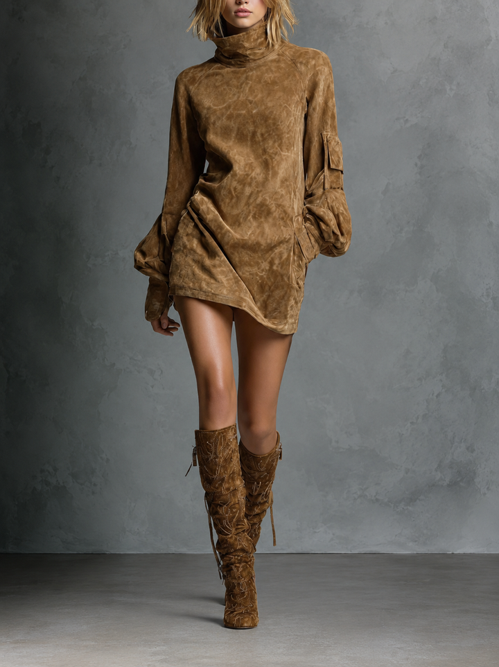 Blandine | Mini-robe oversize en daim à col montant