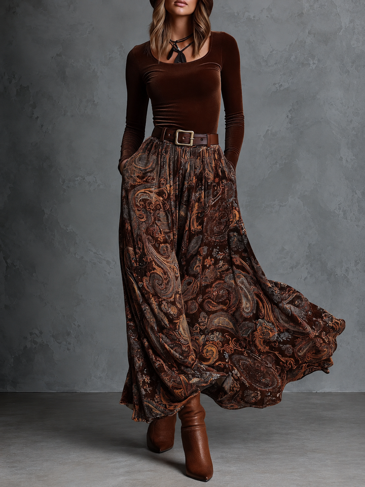 Josiane | Ensemble vintage avec haut en velours extensible et jupe longue à imprimé cachemire avec ceinture