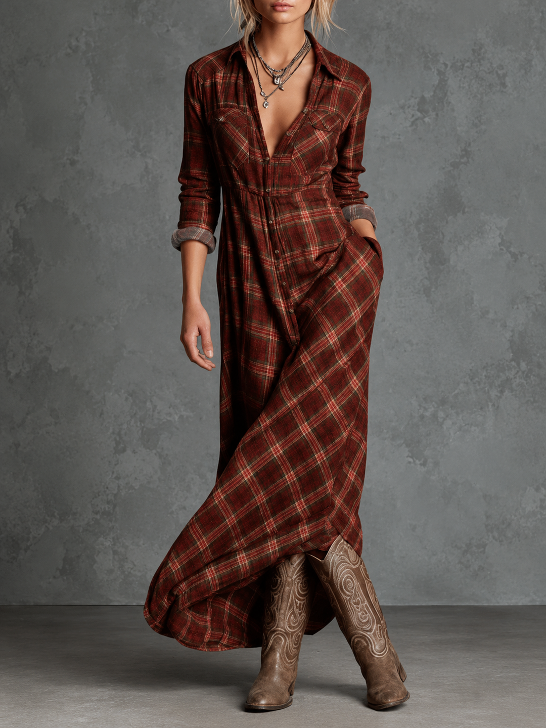Murielle | Robe-chemise longue à col à carreaux verts