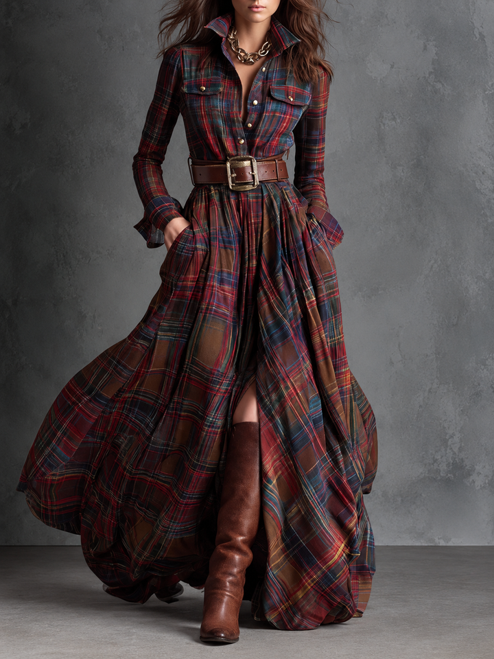Adrienne | Robe longue à carreaux avec ceinture