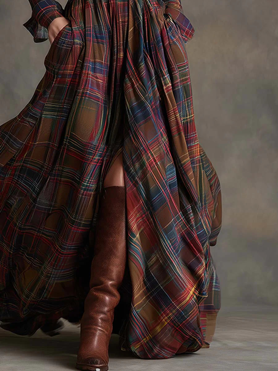Adrienne | Robe longue à carreaux avec ceinture