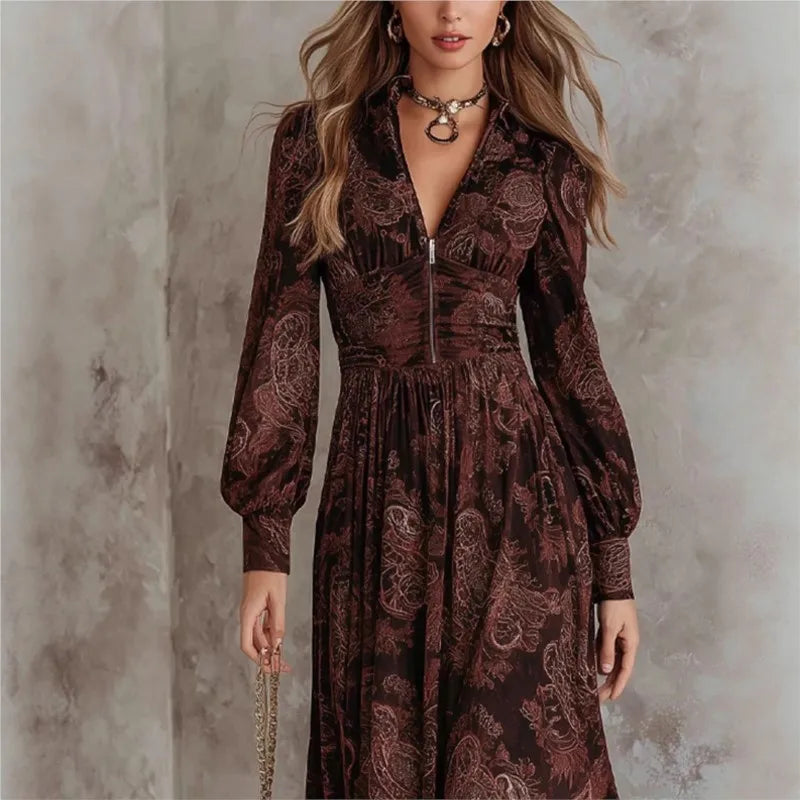 Nadège | Robe longue à imprimé cachemire et col en V