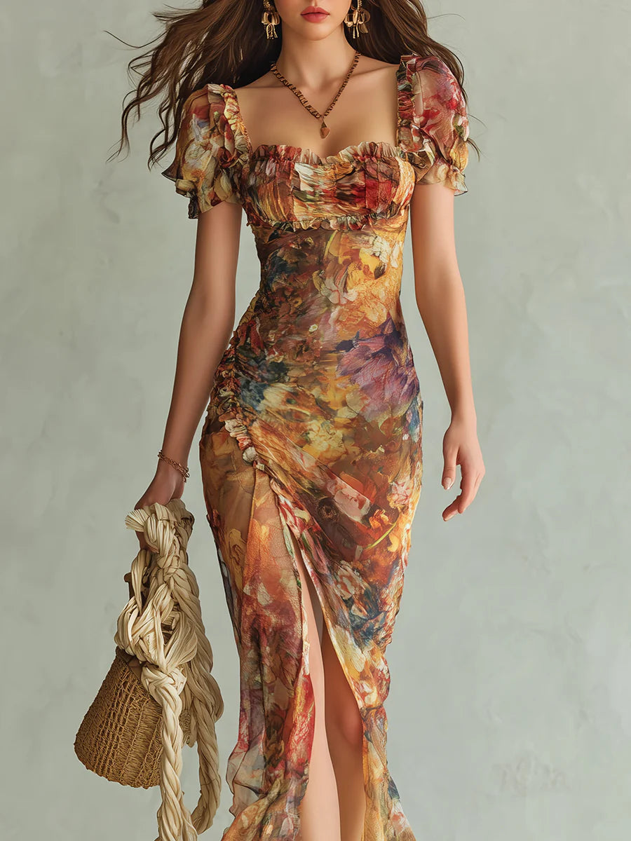 Huguette | Robe maxi en mousseline orange à imprimé peinture à l'huile style bohème