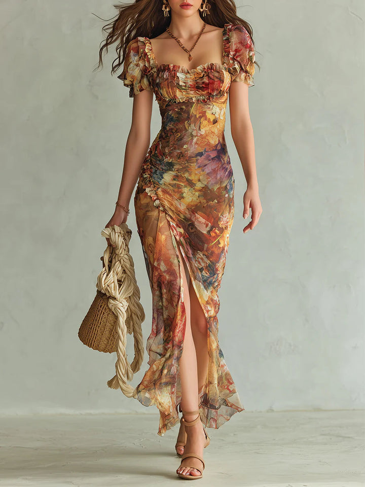 Huguette | Robe maxi en mousseline orange à imprimé peinture à l'huile style bohème