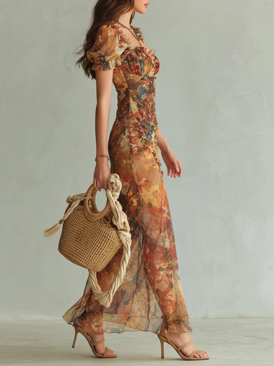 Huguette | Robe maxi en mousseline orange à imprimé peinture à l'huile style bohème
