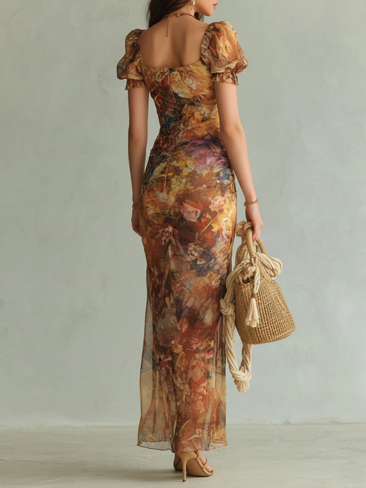 Huguette | Robe maxi en mousseline orange à imprimé peinture à l'huile style bohème