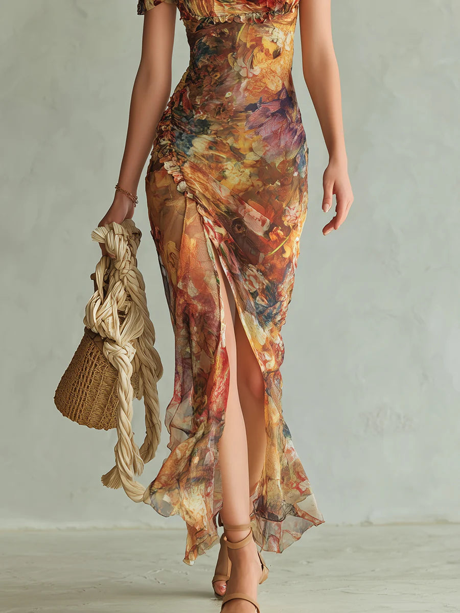 Huguette | Robe maxi en mousseline orange à imprimé peinture à l'huile style bohème