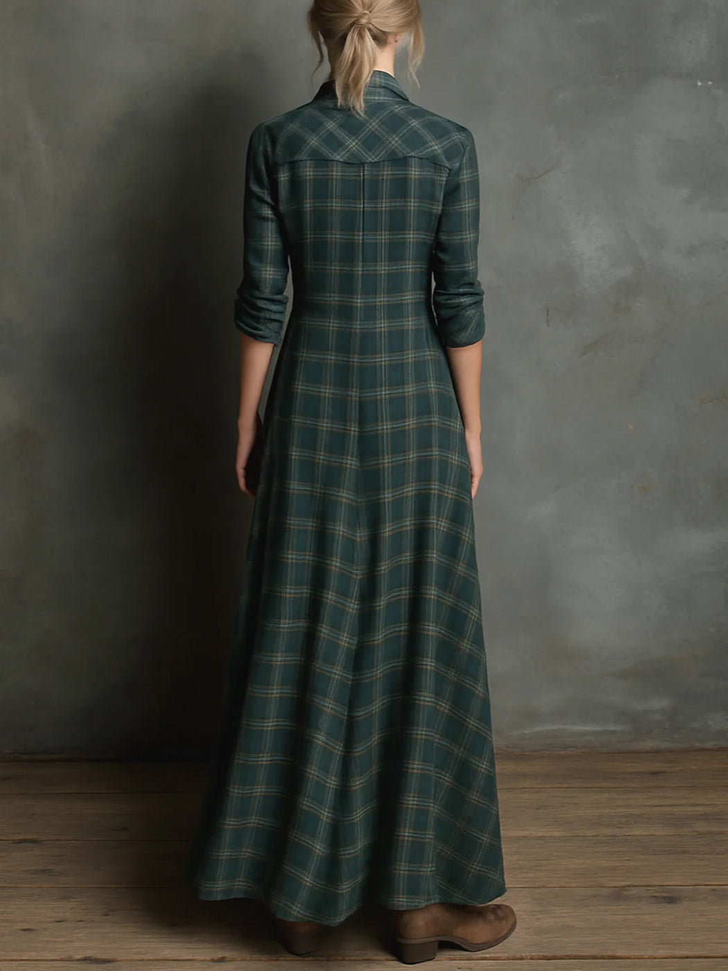 Murielle | Robe-chemise longue à col à carreaux verts