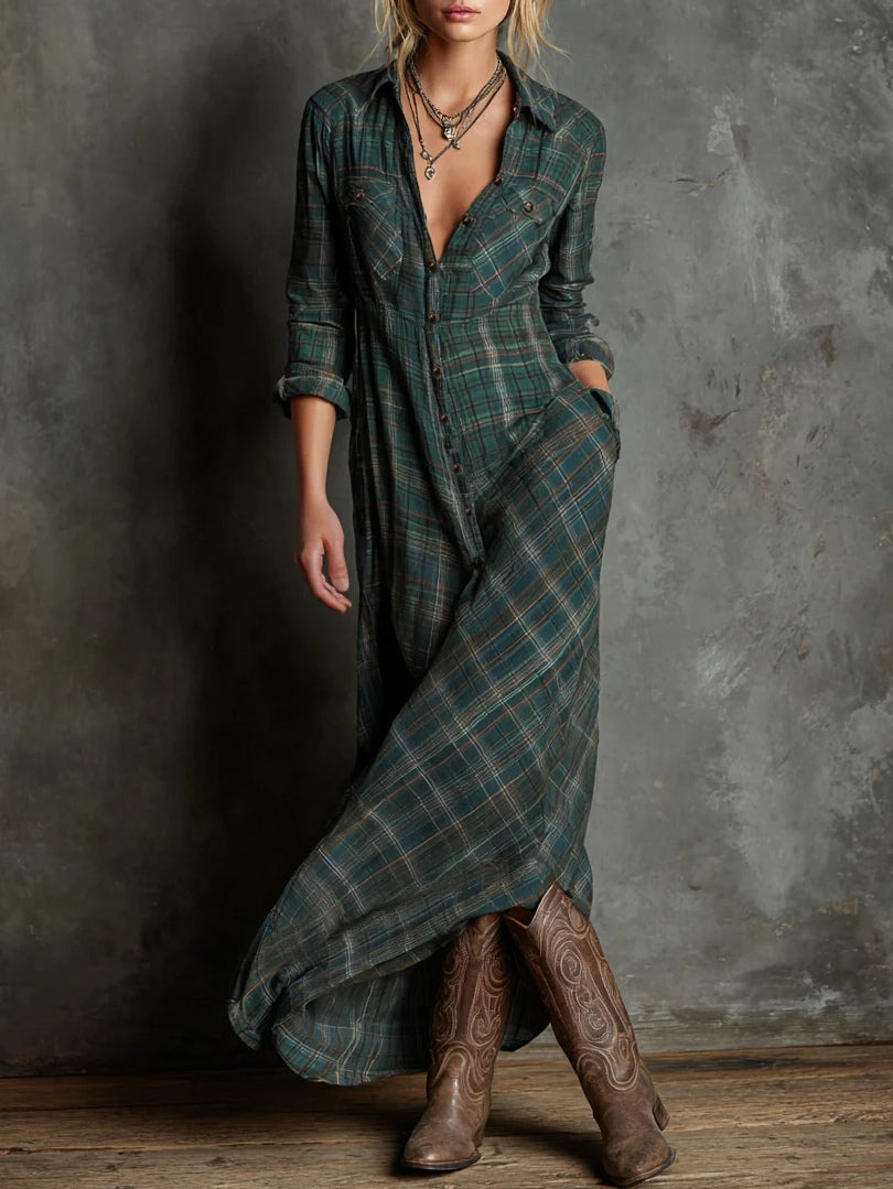 Murielle | Robe-chemise longue à col à carreaux verts