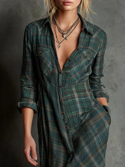 Murielle | Robe-chemise longue à col à carreaux verts