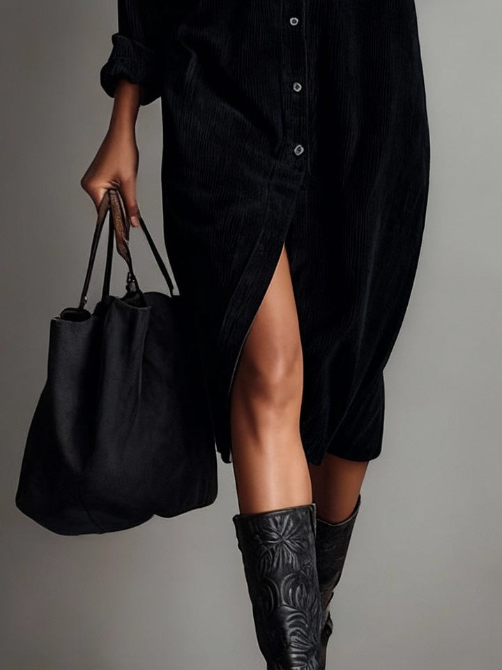 Colombe | Robe midi en velours côtelé avec poches et bouton unique