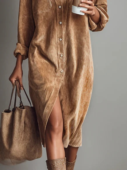 Colombe | Robe midi en velours côtelé avec poches et bouton unique