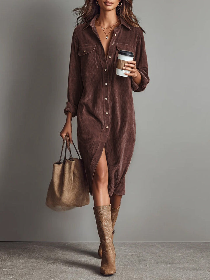 Colombe | Robe midi en velours côtelé avec poches et bouton unique