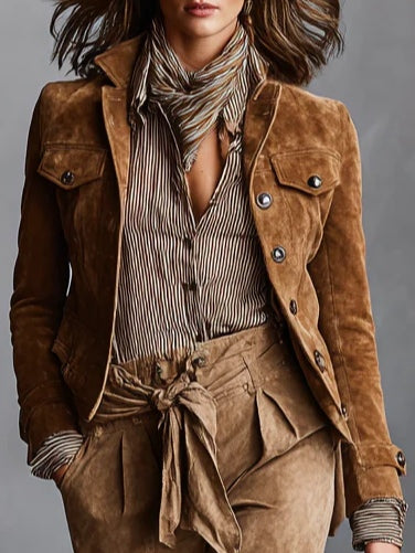 Solange | Veste Courte en Daim Marron à Revers