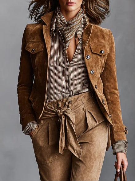 Solange | Veste Courte en Daim Marron à Revers