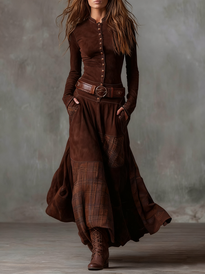 Sabine | Robe maxi en daim avec ceinture