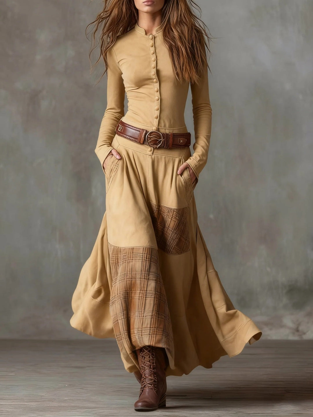 Sabine | Robe maxi en daim avec ceinture