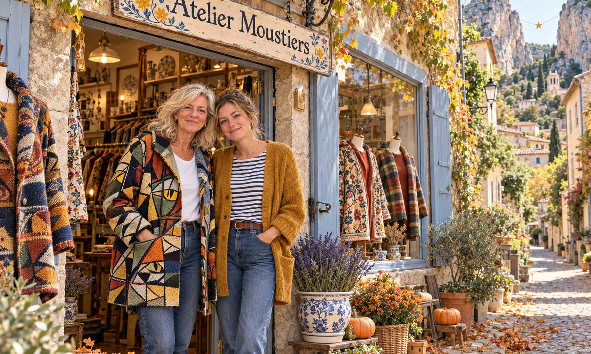 Hélène et sa fille Camille devant leur boutique Atelier Moustiers à Moustiers-Sainte-Marie, en automne
