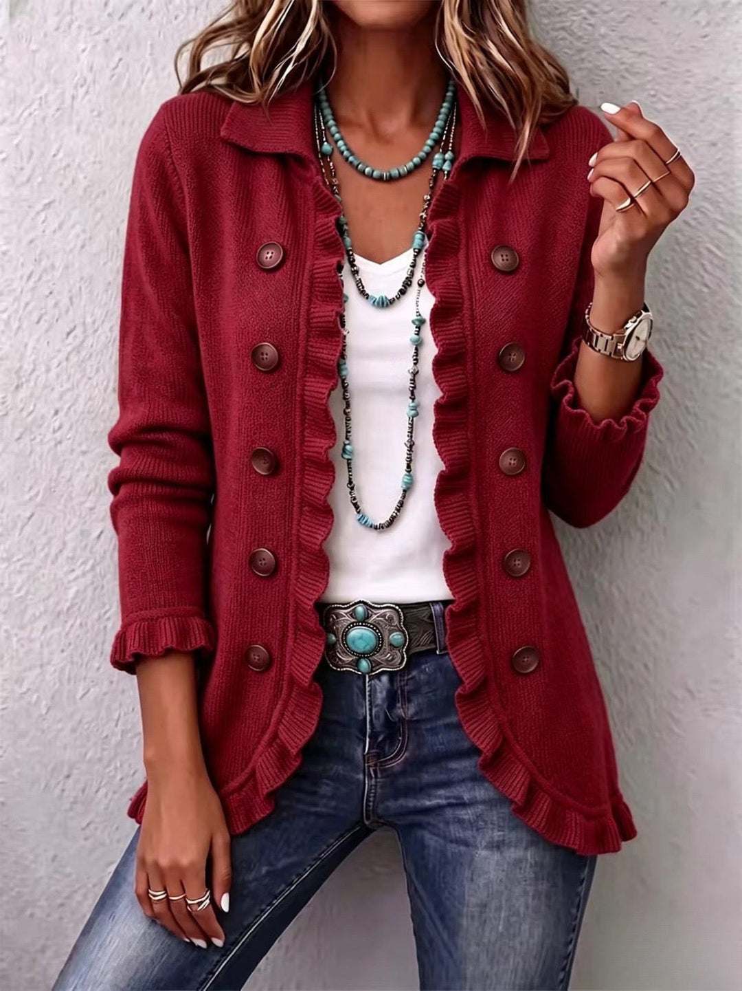 Lucile | Gilet en maille rouge rubis à volants