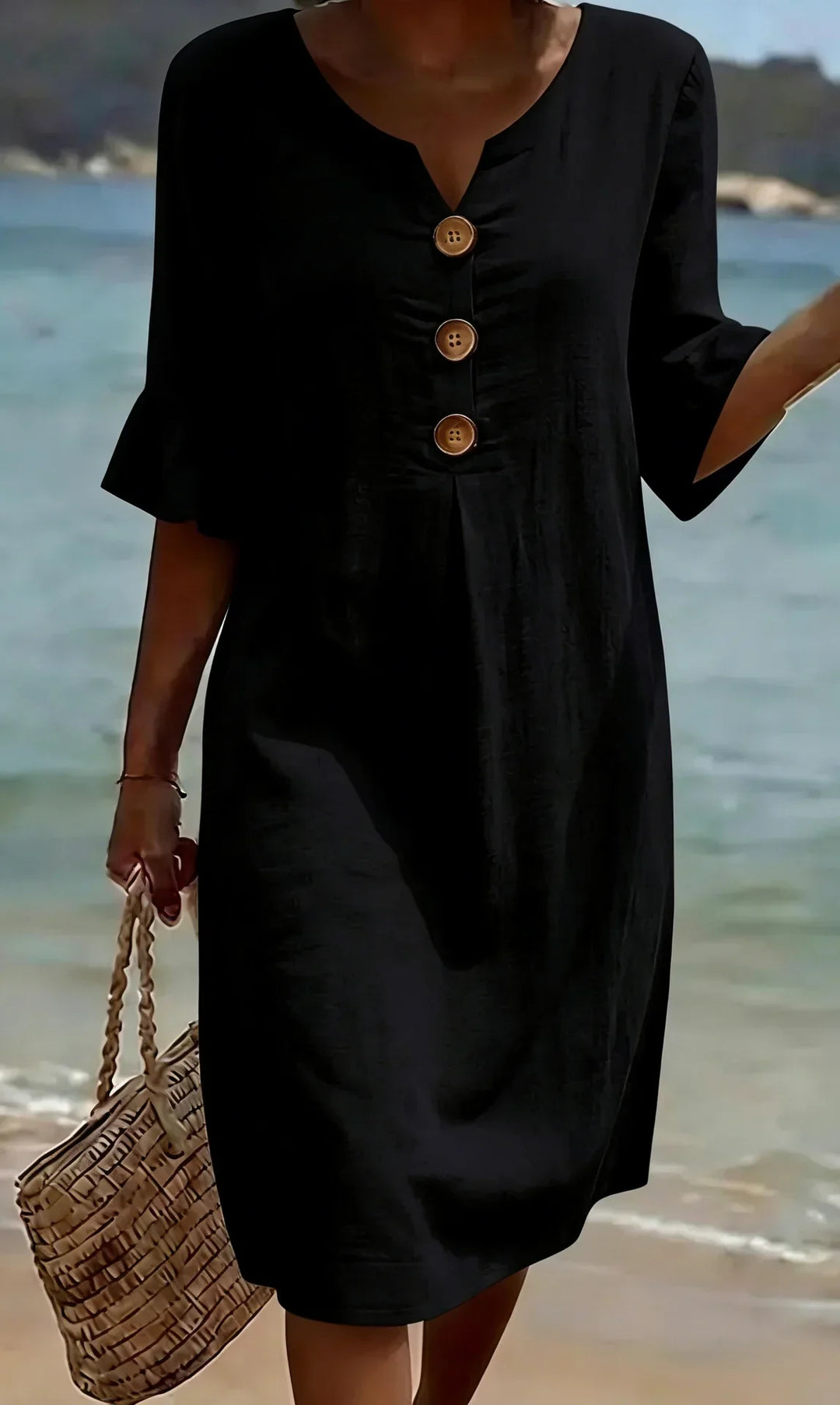 Marianne | Robe boutonnée en aspect lin à manches bouffantes