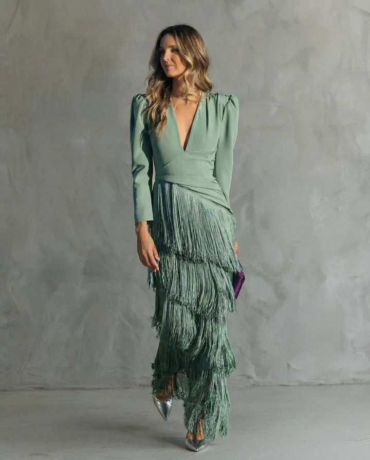 Rosalie | Robe midi élégante à manches frangées