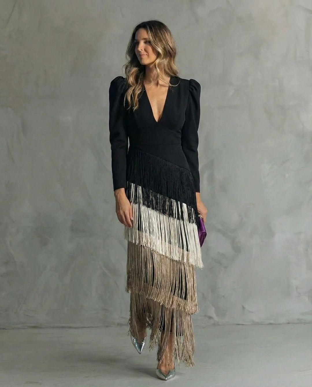 Rosalie | Robe midi élégante à manches frangées