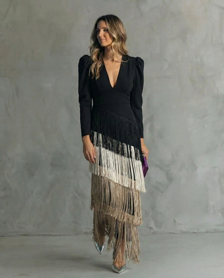 Rosalie | Robe midi élégante à manches frangées