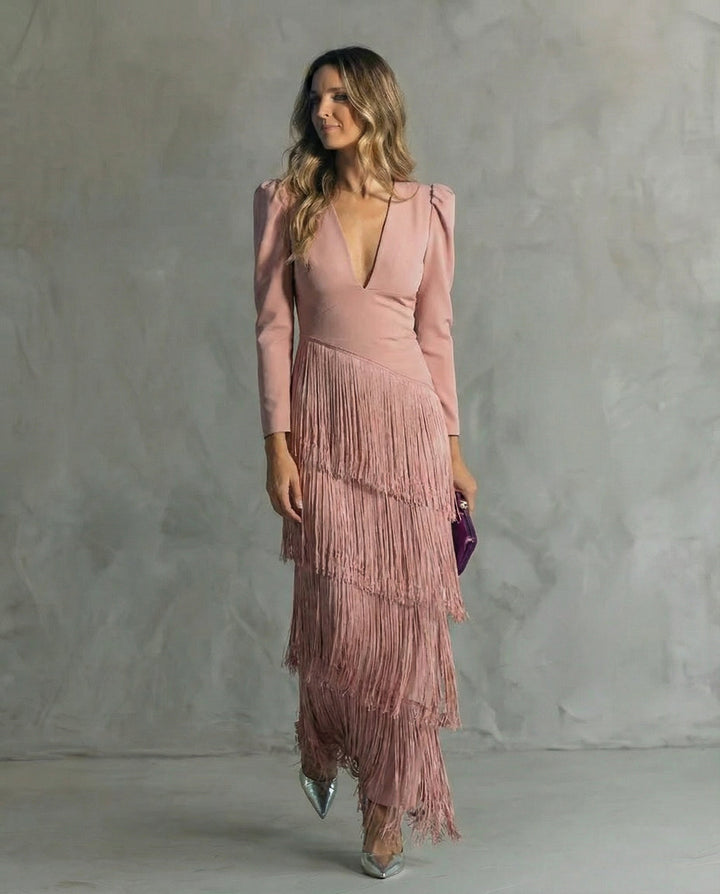 Rosalie | Robe midi élégante à manches frangées