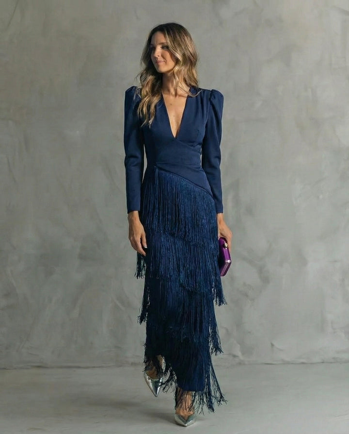 Rosalie | Robe midi élégante à manches frangées