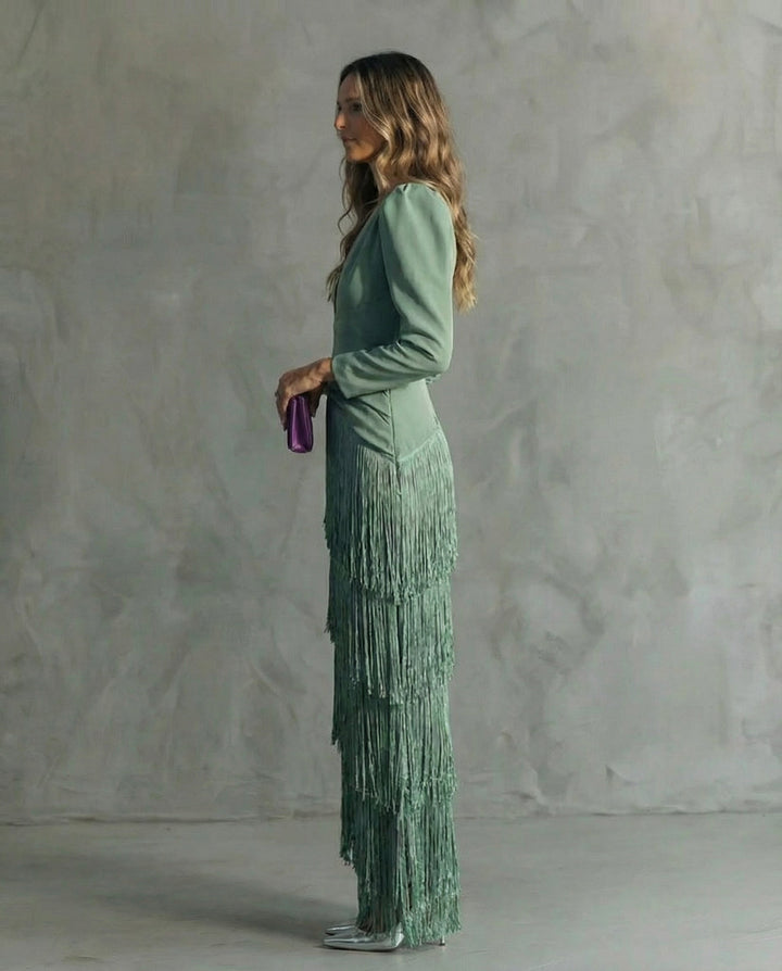 Rosalie | Robe midi élégante à manches frangées