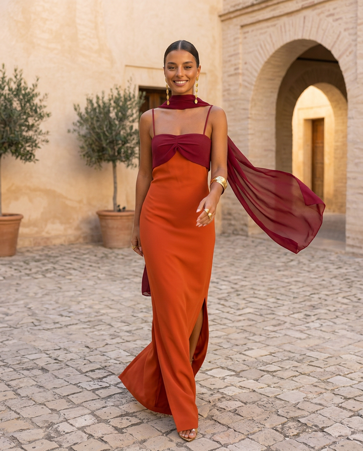 Marguerite | Robe orange avec décolleté rouge