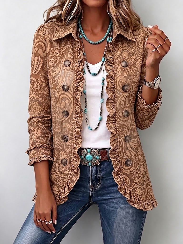 Brune | Veste Bohème Fleurie Vintage Marron à Volants