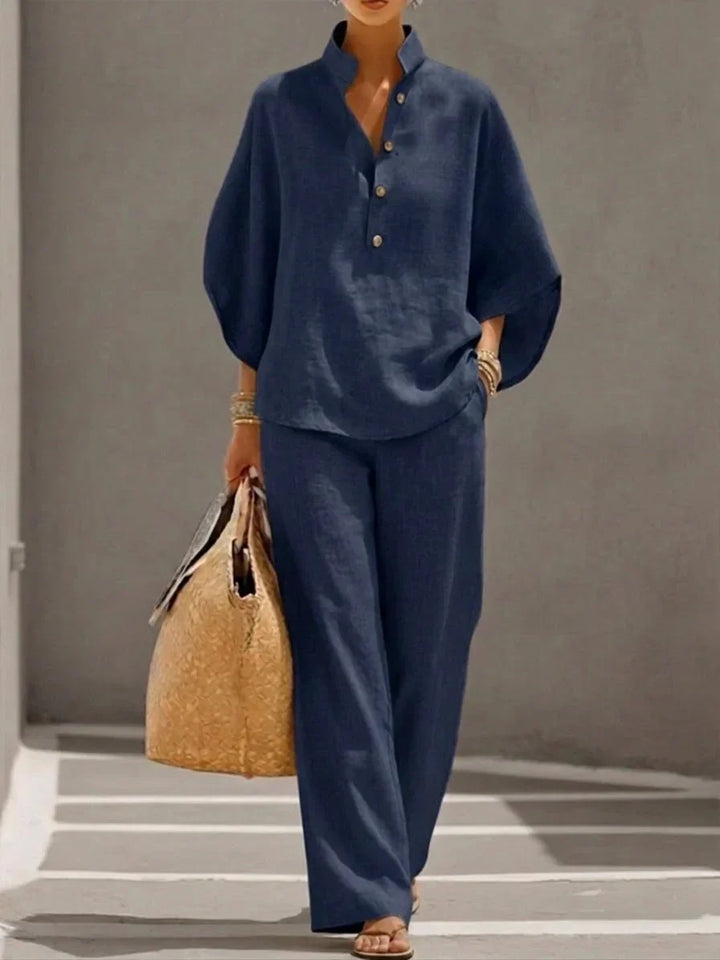 Sophie | Ensemble effet lin avec manches chauve-souris et pantalon large