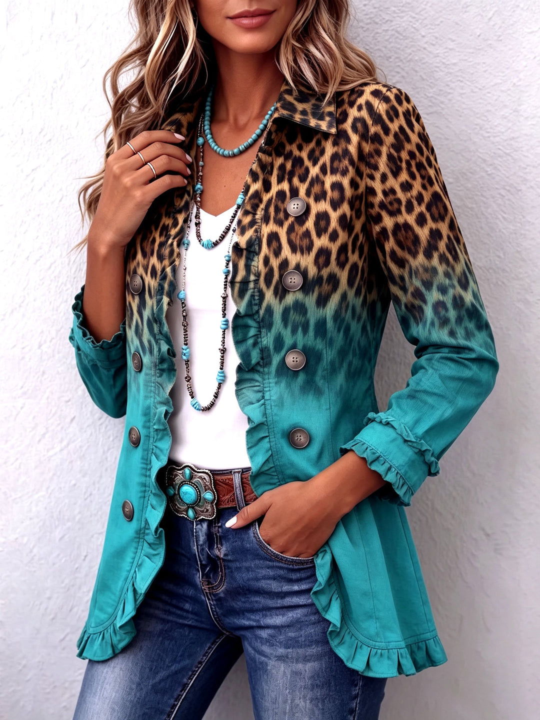 Geneviève | Blazer Léopard Dégradé Turquoise à Volants